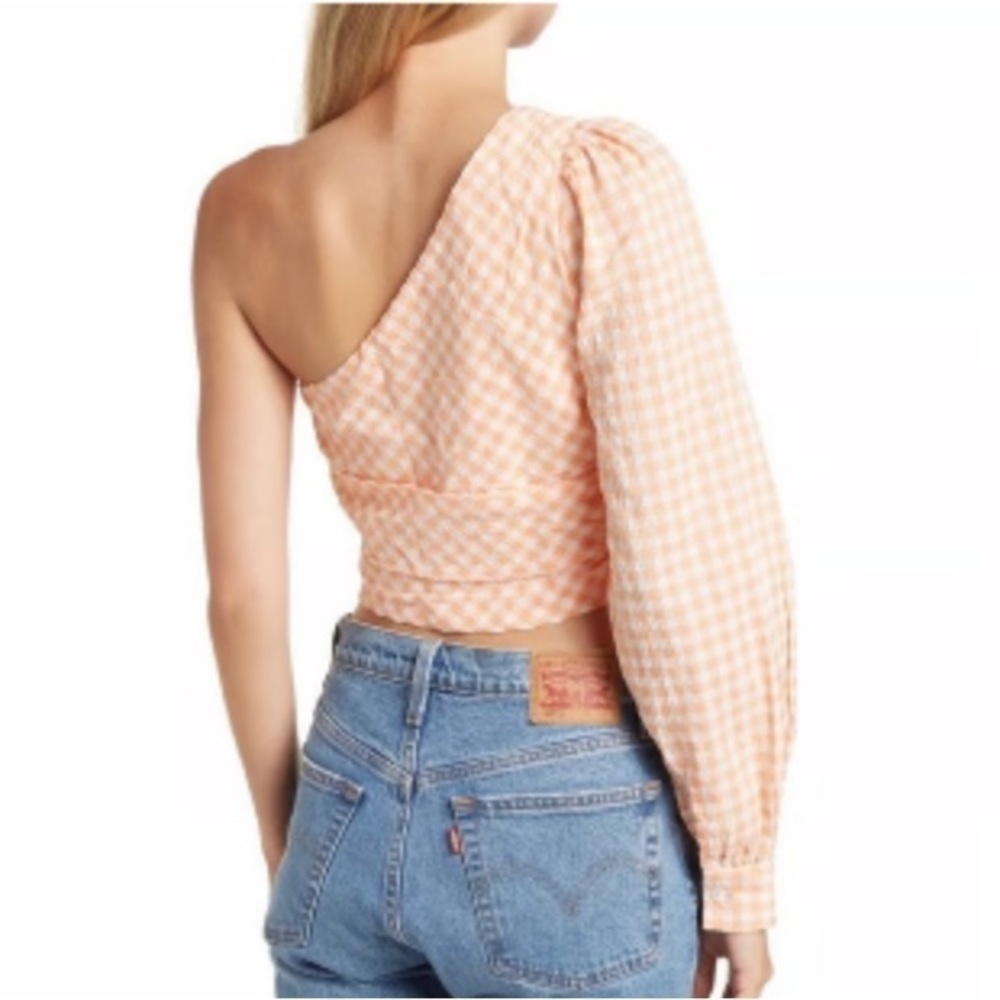 NWT Elodie Orange Gingham One Shoulder Cropped Blouse - Picture 2 of 8